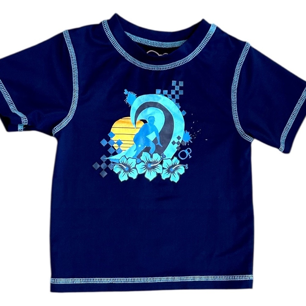 OP Baby Toddler Boy Navy Blue Surfing Graphic Swim Rash Guard Short Sleeve Shirt - Picture 2 of 10